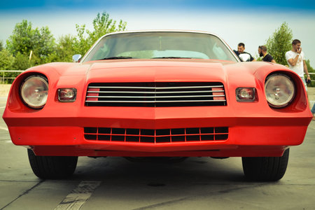Beautiful red retro Chevrolet in the parking lot. July 15, 2015. Kiev, festival USA in Ukraine