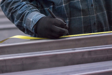 the man is measuring the metal profileの写真素材
