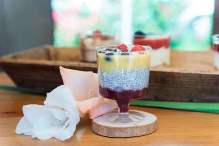 milk desert with strawberries and chocolade.の写真素材