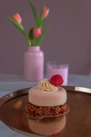 air cake with cream and red berriesの写真素材