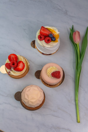 natural cakes with berries, vertical frameの写真素材