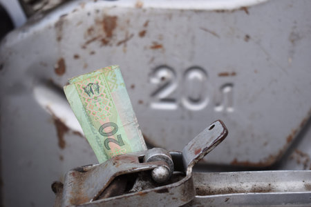 Metal barrel and Ukrainian money, the concept of the cost of gasoline, diesel, gas. Refilling the...
