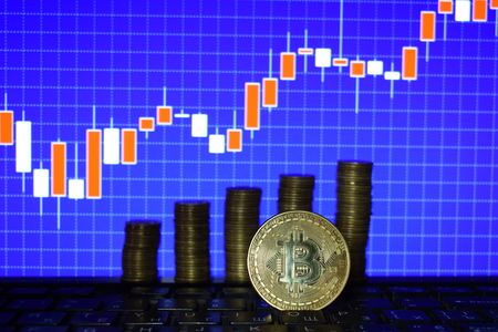 Financial growth concept with golden Bitcoins ladder on forex chart background. Virtual money, Cryptocurrencyの写真素材