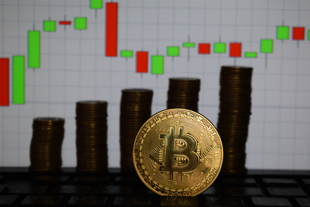 Financial growth concept with golden Bitcoins ladder on forex chart background. Virtual money, Cryptocurrencyの写真素材