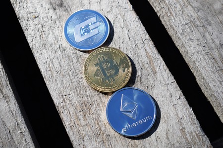 Bitcoin, Ethereum, Dash on the devoted background. Blockchain technology conceptの写真素材