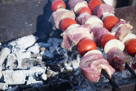 Juicy shish kebab from pork, tomatoes, fried on a fire outdoor.の写真素材