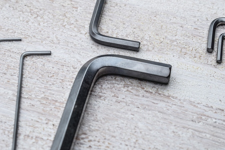 Silver Hex keys on a white background. Hexagon for repair workの写真素材