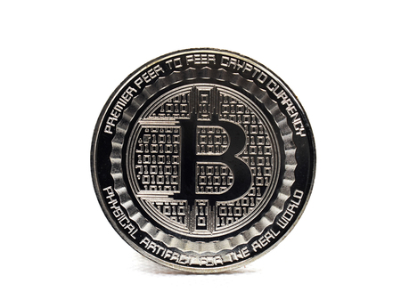 Silver Bitcoin (BTC) isolated on a white backgroundの写真素材