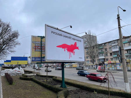 Billboards in Ukraine that indicate the direction for the Russian army. Stop the war in Ukraine. Ukraine, March 2022のeditorial素材
