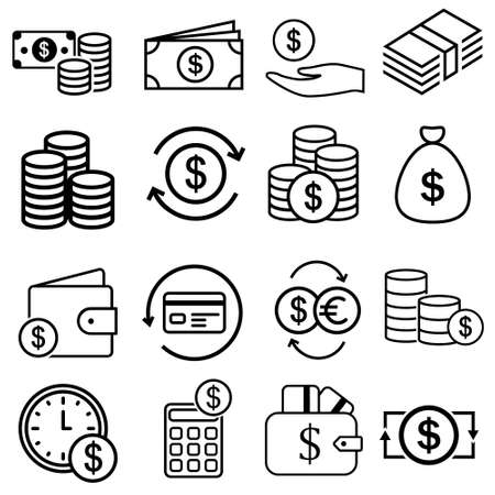 Money vector icons set. Finance illustration sign collection. Dollar and bank collection. cash logo.のイラスト素材