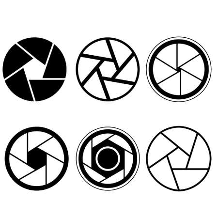 Camera Shutter. Set of camera lens aperture icons with different position of a diaphragm petals.のイラスト素材