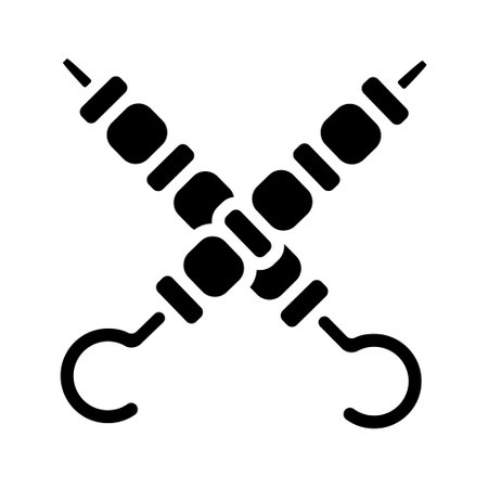 Crossed grilled shish kebab on skewers stick vector icon. Meat kebab on skewers stick illustration symbol. Picnic with grill meat sign or logo.のイラスト素材