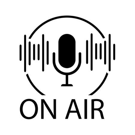 The microphone icon in a fashionable flat style is isolated against the background. Logo, application, user interface. Podcast radio icon. Studio microphone table broadcast podcast text.のイラスト素材