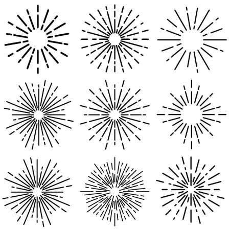 Retro sunburst. Sunrise rays light burst line shine sunshine sunbeam vintage border spark firework starburst for emblems logo and banner vector isolated set.のイラスト素材