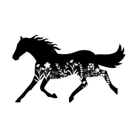 Floral horse icon vector. Rustic illustration sign. farm house symbol. Animal flower logo.のイラスト素材