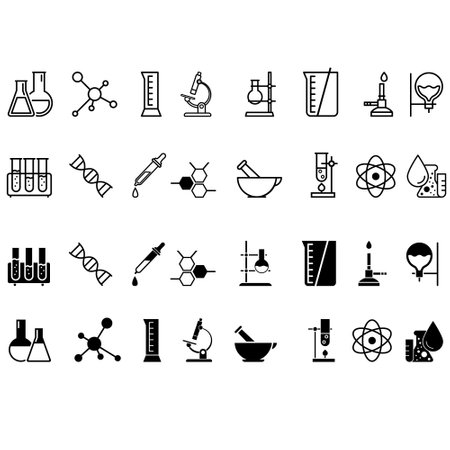 Chemical lab vector icon set. research illustration sign collection. Chemistry and biotechnology symbol.のイラスト素材