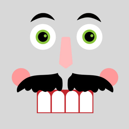 Funny cartoon monster face with big eyes and mustache. Vector illustration.のイラスト素材