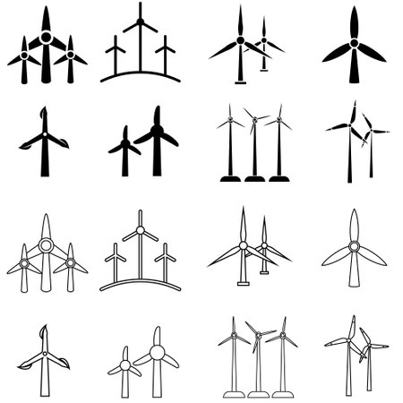 Winds turbines icon set on white background. Vector illustration of wind turbines.のイラスト素材