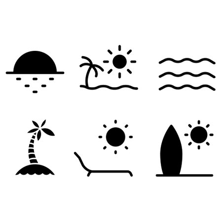 set of beach icons in black and white colors. Vector illustration.のイラスト素材