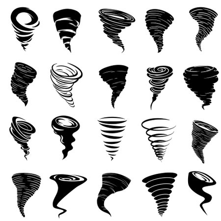 Tornado icons set. Black silhouettes on white background. Vector illustration.のイラスト素材