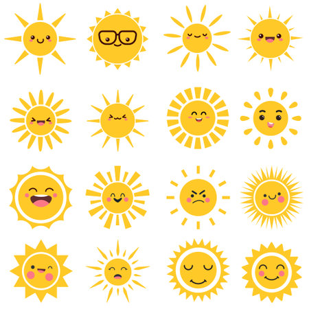 Funny sun icon vector set. Smiling sun illustration sign collection. Sun symbol or logo.のイラスト素材