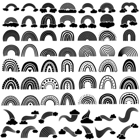 Set of black and white hand drawn rainbows. Vector illustration.のイラスト素材