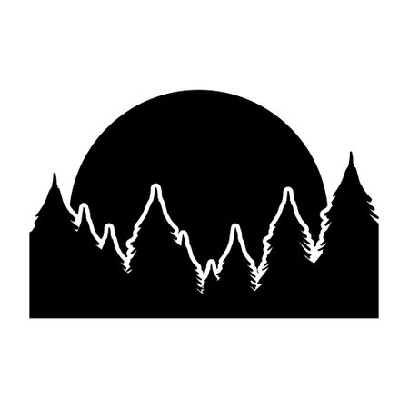 silhouette of pine forest with sun and mountain vector illustration designのイラスト素材