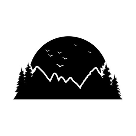 silhouette of pine trees forest with full moon vector illustration designのイラスト素材