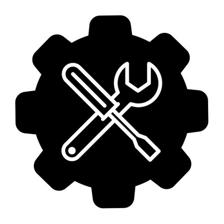 Gear and wrench vector icon. Black and white gear and wrench vector illustration.のイラスト素材
