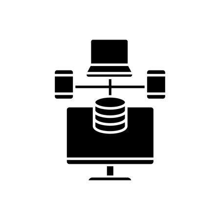computer with database icon over white background, silhouette style, vector illustrationのイラスト素材