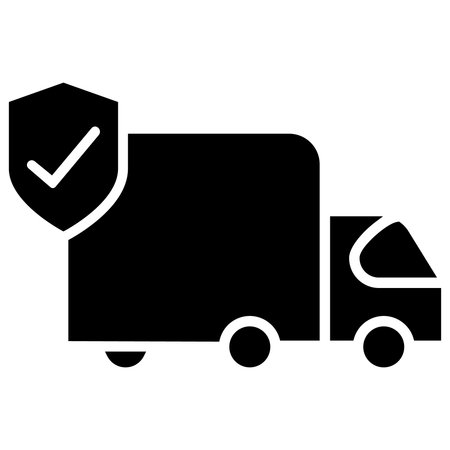 Delivery truck with shield vector icon. Flat black symbol. Pictogram is isolated on a white background. Designed for web and software interfaces.のイラスト素材