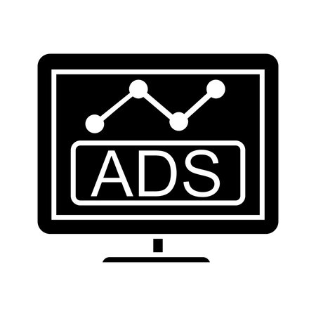 computer with ads icon over white background, silhouette style, vector illustrationのイラスト素材