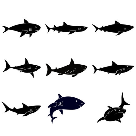 Shark icons set. Black silhouettes on white background. Vector illustration.のイラスト素材