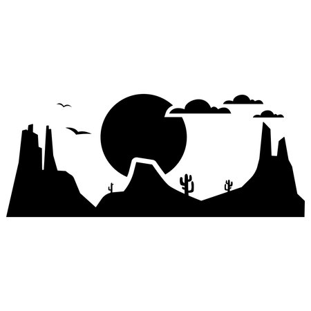 Desert landscape with cactus and sun. Black and white vector illustration.のイラスト素材