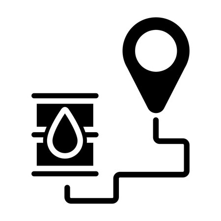 Oil barrels and map pointer. Black and white vector illustration. Solid linear icon.のイラスト素材