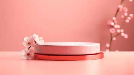 Minimalist scene in soft pink color with geometric shapes of cylinders and branches of cherry blossoms, a round podium for branded goods and cosmetics. AI generated.の素材