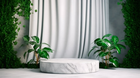 Minimalistic scene with geometrical figures of cylinders and blooming tropical plants on a background of white marble. Gray curtains in the background and round podium for branded goods and cosmetics. AI generated.の素材