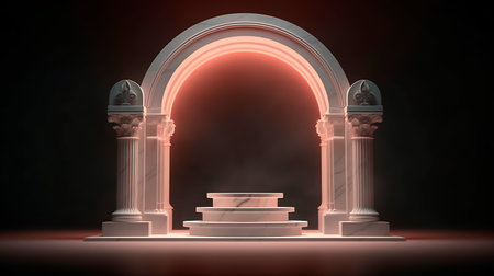 Minimalist stage with marble arches and lights. geometric shapes of the cylinder. Round platform for branded goods and cosmetics. AI generated.の素材