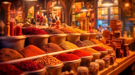 The Alluring Colors of a Turkish Spice Market. AI generated.の素材