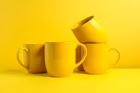Three yellow mugs on a yellow background.の素材