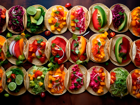 Colorful multicolored tacos. Spicy traditional Mexican dish. Close up, top view. Generative AIの素材