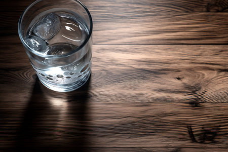 Glass of water on wooden background. selective focus. Toned. AI generated.の素材