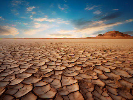 Dry and cracked earth in the desert at sunset. Global warming conceptの素材