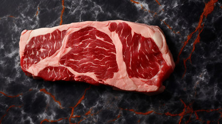 Rib eye or cowboy steak. Raw Marble beef black Angus, ribeye. back background. topview. AI generative.の素材