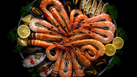 Raw seafood tiger prawns, shrimps, blue mussels, octopuses, sardines, smelt. Black background. top view. AI generative.の素材