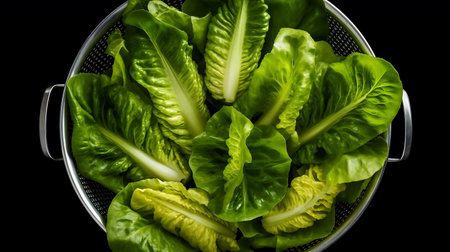 Romaine lettuce salad in a colander. Black background. top view. . AI generative.の素材