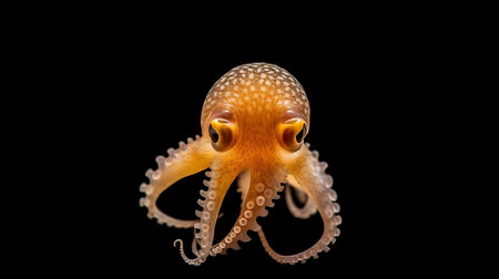 Raw baby octopus on black background. top view. Space for text. AI generative.の素材
