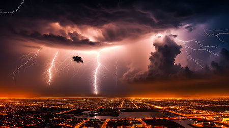 thunderstorms with lightning illuminating the violet night sky. AI generative.の素材