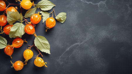 Physalis flowers, leaves, rowan berries on gray background. Autumn, fall, thanksgiving day concept. Flat lay, top view, copy space. AI generative.の素材