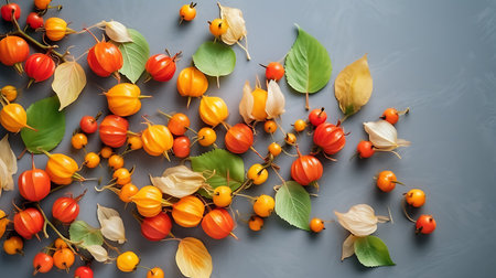 Physalis flowers, leaves, rowan berries on gray background. Autumn, fall, thanksgiving day concept. Flat lay, top view, copy space. AI generative.の素材